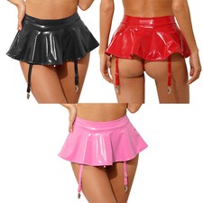 Women's PVC Leather Pleated Mini Skirt Garter with 4 Metal Clips Suspender Belt