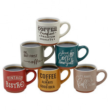6 Coloured Stoneware Coffee Tea Espresso Mugs Vintage Café Style Retro Set