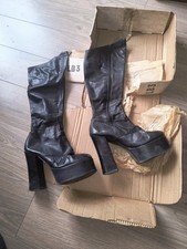 Vintage Mary Quant Black Leather Platform Knee Boots  1970's -  Size UK7.