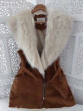BEAUTIFUL BN RIVER ISLAND BROWN & CREAM FAUX SHEEPSKIN AUTUMN GILET  UK 16
