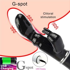 Women Vibrating G-spot Rampant Rabbit Vibrator USB Rechargeable Sex Toys Black