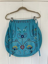 Vintage Blue Souvenir Folk Art Portuguese Half Pinny Apron Pockets Embroidered