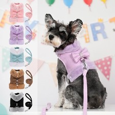 Plush Dog Winter Harness and Leash Set Bowknot Fleece Lined Pet Vest Jacket XS