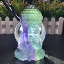 0.8LB 3.9" Natural Rainbow Fluorite Baby Buddha Carving Crystal Quartz Energy