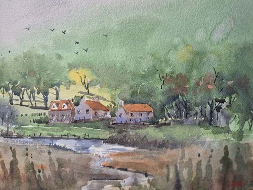 Country cottage scene original - country,