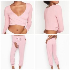 Victoria’s Secret Baby Pink Ribbed Lounge Tracksuit Set Wrap Crop Top Joggers M