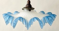 Vintage French frosted glass frilly coolie light shade blue & brass fittings
