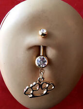 Heart Knuckle Duster Belly Bar Gold Plated Navel Ring with Double Clear Crystals