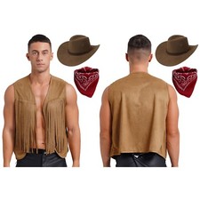 Men's Cowboy Waistcoat with Hat Bandana Set Adult Western Fancy Dress Up Costume