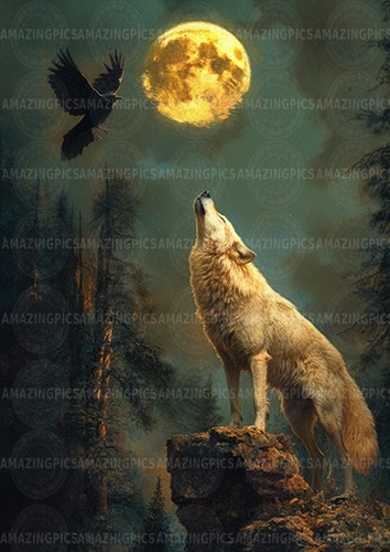 Wolf art print full moon - moon, raven