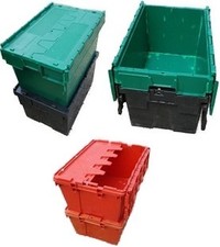 Attached Lidded Crates 600x400x350 Plastic Containers - 65L  (pk4)