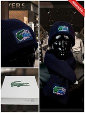 LACOSTE RIBBED BLUE MARINE BEANIE SCARF SET LAINE WOOL  MADE IN FRANCE RRP £149