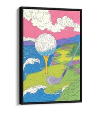 GIANT GOLF BALL ON COLOURFUL LANDSCAPE FLOAT EFFECT FRAME CANVAS ART PIC PRINT