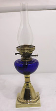 Vintage / Antique Twin Burner Oil Lamp With Cobalt Blue Glass Reservoir