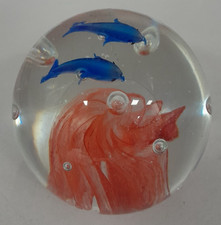 Paperweight Clear Glass 2 Blue Dolphins Orange Waves A9 G32