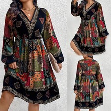 Plus Size Women Boho Floral Midi Dress Long Sleeve Beach Holiday Vintage Dresses