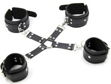 Black Leather Hog Tie Restraint Wrist Ankle Handcuffs Cuff Soft Fluffy Cuffs 