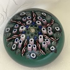 Strathearn Scottish Paperweight. 7 Spoked Millefiori glass on sea green Ground.