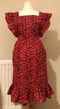 Frilly 'Oops a Poppy-Black' Vintage Style Bib Apron/Pinny (24" loop waistband).