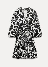 Zara Black & White Short Printed Poplin Shirt Dress with Braided Belt Size M