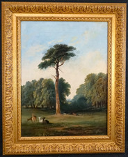 FINE c1830 DEER & CATTLE GRAZING COUNTRY HOUSE PARKLAND ANTIQUE OIL PAINTING