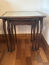 Vintage Antique mahogany Nest 3 Tables Green Leather Glass Top Queen Anne Legs