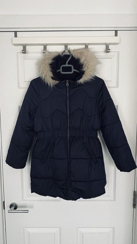 Girls navy fluffy hood school - girls,