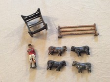 Vintage Metal figs - For restoration—4 Cattle, feeding manger, gate and huntsman