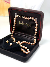 Vintage Monet Jewellery Set Necklace and Earrings Boxed Faux Pearl Gold Metal