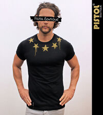 Pistol Boutique Men's Fitted Rolled Sleeve Black Crew GOLD NECK STARS T-shirt