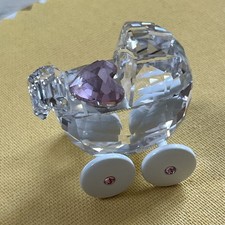Swarovski crystal baby carriage/pram with white wheels and pink heart