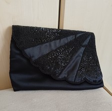 Evening Bag Black With Black Beading On Unusual Scolloped Egde Front Flap