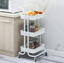 3 Tier Rolling Trolley with Handle, Utility Cart on Wheels storage Trolly, White