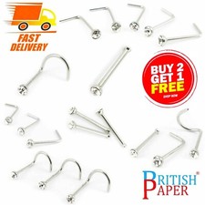 UK SILVER NOSE STUD STRAIGHT I L SCREW SHAPE SURGICAL STEEL PIN SET BAR PIERCING