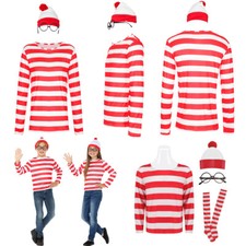 Kids Women Men Where's Wally Red & White Strips T-Shirt Book Day Fancy Costume