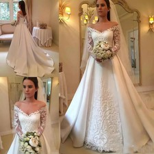 New Satin A Line Wedding Dresses V Neck Lace Appliques Long Sleeves Bridal Gowns