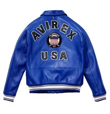 Men's Avirex Blue Leather Bomber American Flight Jacket Leather Jacket