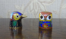 Two Vintage Cloisonne Bird Thimbles Including an Owl