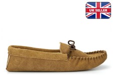 Mens JAKE Suede Moccasin Slippers Real Suede Sole (No Plastic) Leather Taupe