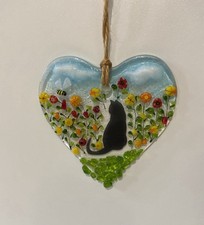 Heart Shaped Fused Glass Flower Garden & Cat Sun Catcher 9 cm x 10 cm