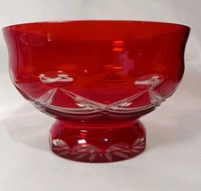 Ruby Red Bohemian Cut To Clear Glass Bowl W/ Pedestal - Please Read Description