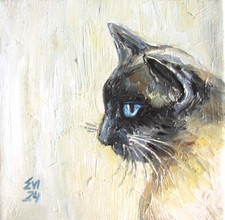 Siamese Cat Original Oil Painting Cat Wall Art Small Art Canvas  6x6 inches