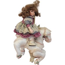 Porcelain Doll With Curly Hair Riding Horse Collectable Display Figure
