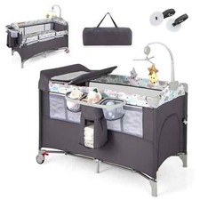 5 in 1 Travel Cot Folding Baby Playard with Storage Rack and Carry Bag Grey