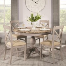 Truffle wooden pedestal table & 4 Crossback Upholsted chairs.Quality Dining Set