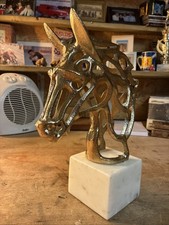 Horse Face Aluminium In Gold Natural Marble Base Beautiful Condition Heavy Horse