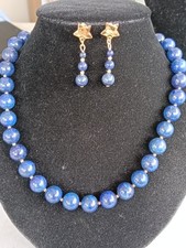 Vintage LAPIS LAZULI 10mm Bead Necklace Matching LAPIS LAZULI Star Stud Earrings