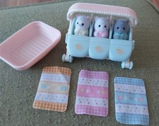 SYLVANIAN FAMILIES - PERSIAN CAT TRIPLETS with STROLLER & BASKET - EX CON