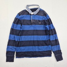 GANT Polo Shirt Large Blue Mens 100% Cotton Striped Casual Rugby Top Long Sleeve