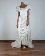 Vintage 80s French Wedding Dress Elegant Bohemian Satin Lace Flounces White-UK 8